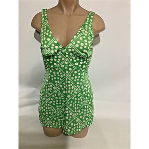Vintage 1960s Green White Polka Dot Skirted One Piece Swimsuit Size 14